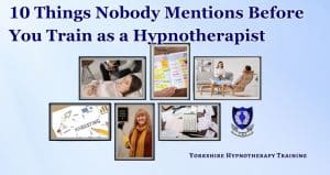 a collage of jobs you might have to do as a self employed hypnotherapist: therapy sessions, a busy diary, accounts, and other less expected roles