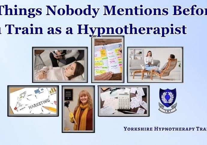 a collage of jobs you might have to do as a self employed hypnotherapist: therapy sessions, a busy diary, accounts, and other less expected roles