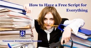 how to have a free hypnotherapy script for everything: frustrated woman surrounded by files of paper, presumably all holding hypnotherapy scripts