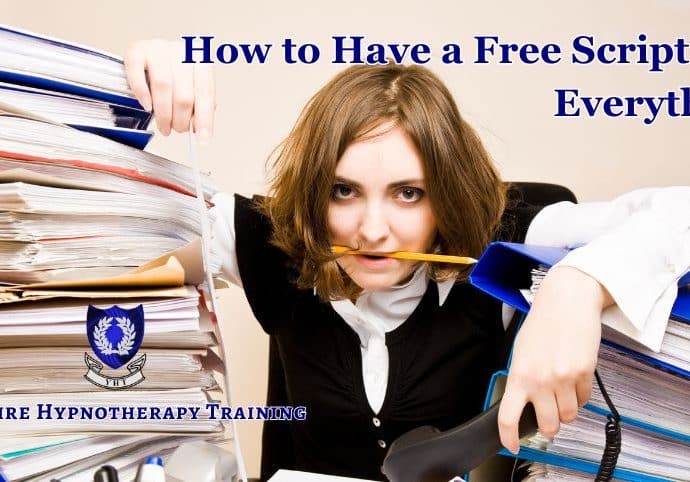 how to have a free hypnotherapy script for everything: frustrated woman surrounded by files of paper, presumably all holding hypnotherapy scripts