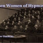 Forgotten Women of Hypnosis: Women in Hypnosis and Psychology History Women in Hypnosis History. Vintage lecture hall with panelled seating, a psychologist lectures to a room full of men, with just two women (AI-generated)