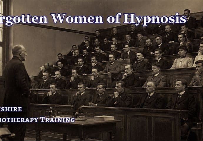 Women in Hypnosis History. Vintage lecture hall with panelled seating, a psychologist lectures to a room full of men, with just two women (AI-generated)