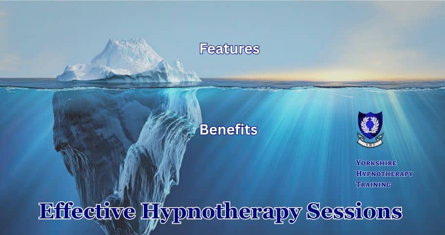 Concept image: an iceberg, with the lower half labelled benefits and the upper half labelled features