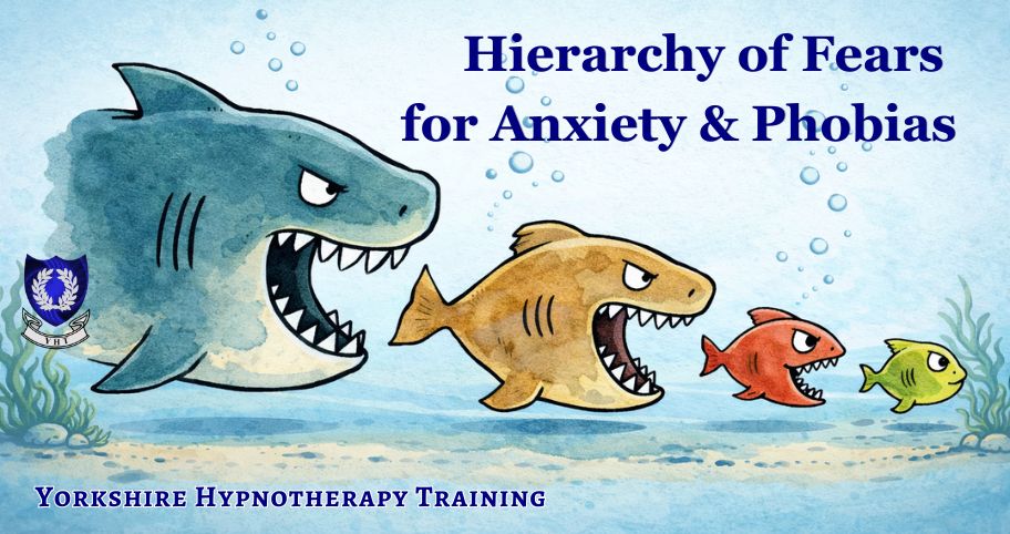 concept image for the hierarchy of fears, a row of cartoon fish, each larger and fiercer than the next