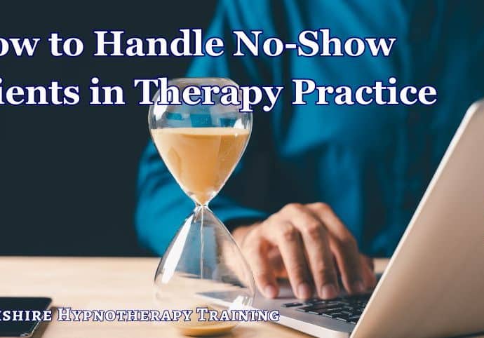 concept image for handling clients who don't turn up for sessions: a man using a computer with an egg timer beside him indicating wasted time.