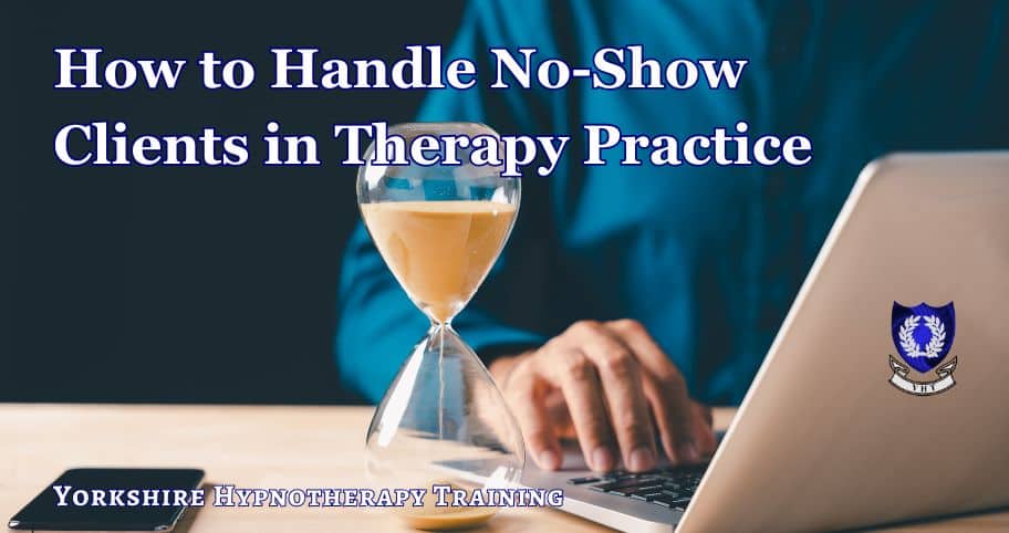 concept image for handling clients who don't turn up for sessions: a man using a computer with an egg timer beside him indicating wasted time.