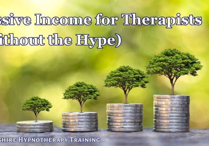 concept image: passive income for therapists represented by piles of coins topped by trees.