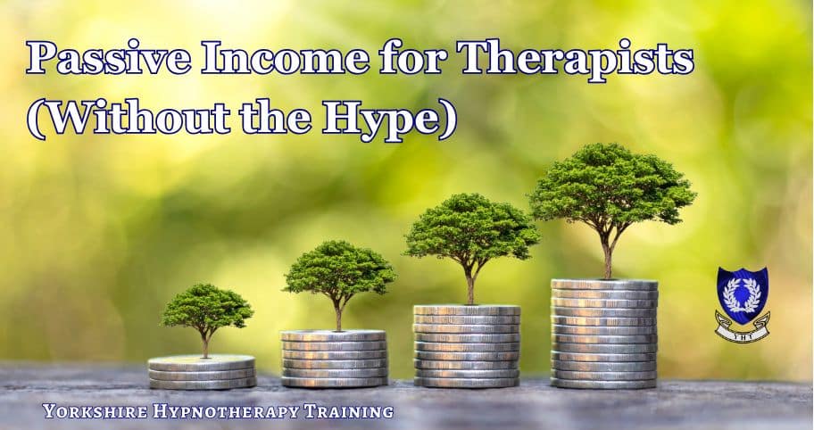 concept image: passive income for therapists represented by piles of coins topped by trees.
