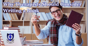 a therapist sat at a desk writing a book